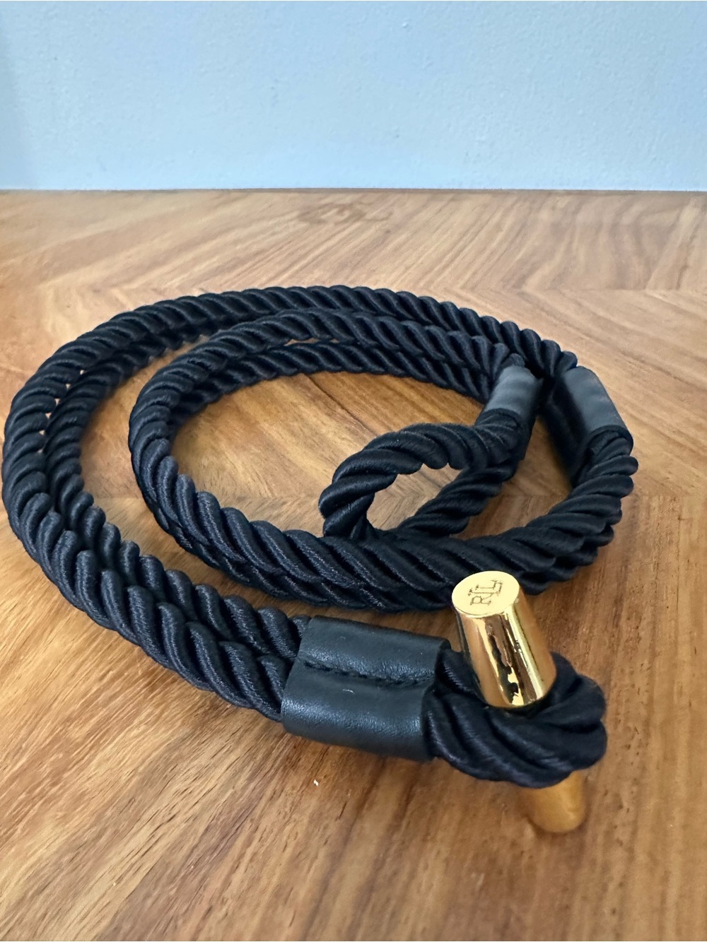 Ralph Lauren Black Leather Trim Rope Toggle Skinny Belt Gold Hardware Small EUC